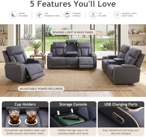 Power Reclining Sofa Set with USB Charging/LED, Blueish Grey Leather Recliner...