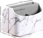 PU Leather Remote Control Holder,360 Degree Spinning Desk TV Remote Caddy,Desk Organizers and Accessories,for Controller,Media,Mail,Calculator,Mobile Phone,Pen Storage Holder(White Marble)