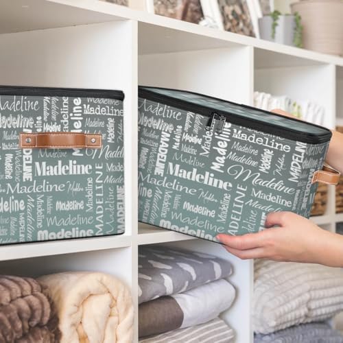 Personalized Name Storage Basket, Custom Keepsake Box, Grey Green | Foldable Fabric Gradient Large Memory Bin with Handle Lid Lightweight Waterproof Dustproof, 14"L x 10.2"W x 10.4"H