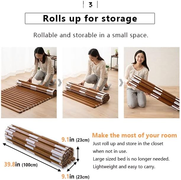 EMOOR Wood Roll-Type Slatted Bed OSMOS Twin for Japanese Futon Mattress (Brown), Breathable Floor Sleep Tatami Mat