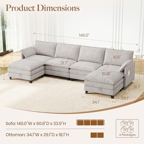 140" U-Shaped Modern Modular Sectional Couch, Chenille Cloud Couches wit...