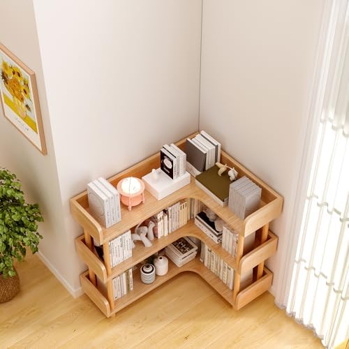 OSCHF 3-Tier Reversible Corner Bookshelf, L-Shaped Shelf, Oak