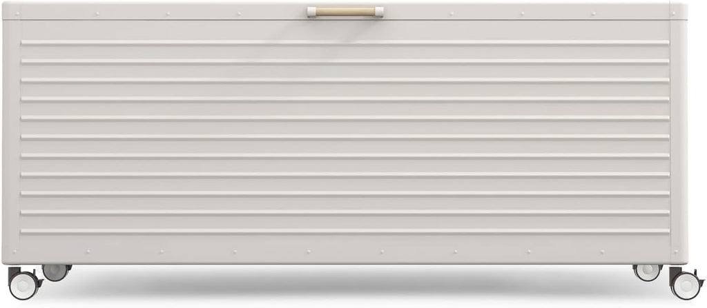 MIRADOR 281 Gallon Outdoor Storage Box Waterproof, Metal Deck Box with wheels for Patio Furniture, Garden Tools, Outdoor Cushion, Latte