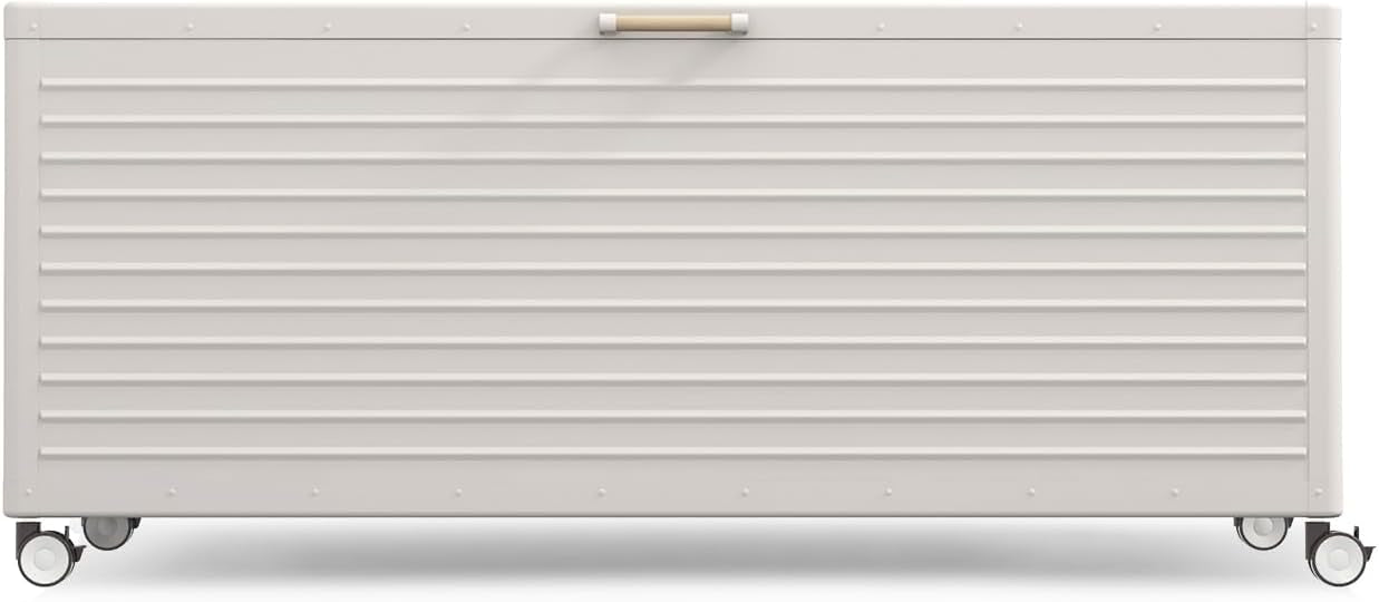 MIRADOR 281 Gallon Outdoor Storage Box Waterproof, Metal Deck Box with wheels for Patio Furniture, Garden Tools, Outdoor Cushion, Latte
