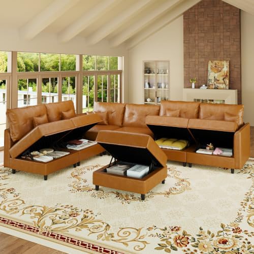 LLappuil 7-Seater L-Shaped Sectional Modular Sofa with Storage, Deep Seat Fau...