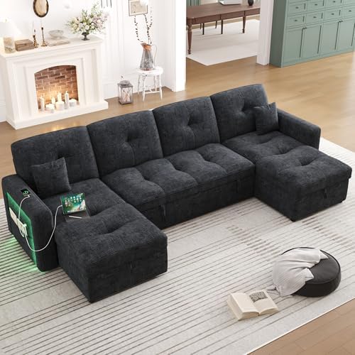 107'' LED U-Shaped Sectional Couch for Living Room, Sleeper Sofa Bed,...