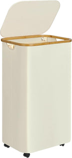Laundry Basket with Wheels,100L Hampers for Laundry,Large Laundry Hamper with Lid and Bamboo Handles,Collapsible & Waterproof Tall Cloth Hamper for Dormitory Family，Beige