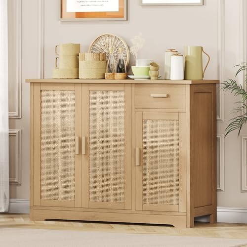 Keehusux Rattan Storage Cabinet with 3 Doors and Drawer, Natural Oak