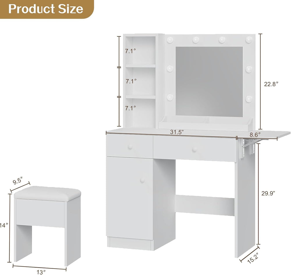 Haewon White Makeup Vanity Desk with Lighted Mirror and Storage Chair | Vanit...