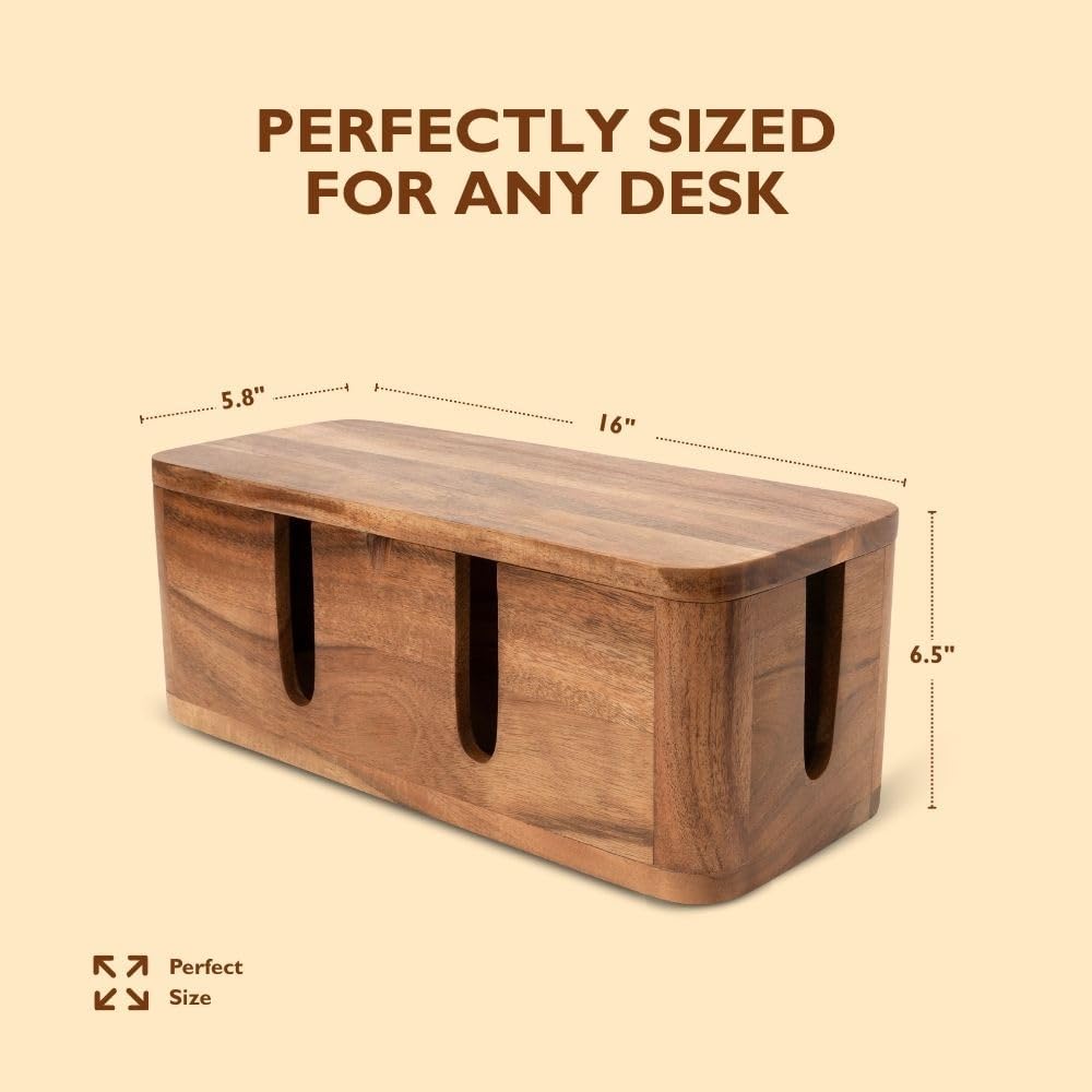 Cable Management Box & Cord Organizer- Cable Organizer for Desk, Home, Office. Hides Wires, Surge Protectors, Power Strips. Eco Friendly Mango Wood Cord Management Solution (Natural Acacia)