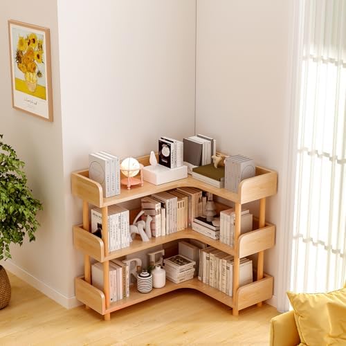 OSCHF 3-Tier Reversible Corner Bookshelf, L-Shaped Shelf, Oak