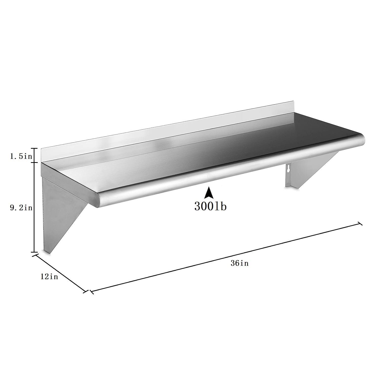 ROCKPOINT Stainless Steel Shelf 12 x 36 Inches 300lb, NSF Metal Commercial Shelves Wall Mount Floating Shelving with Backsplash for Restaurant, Kitchen, Home and Hotel, Silver