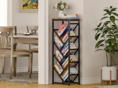 Cutogxon Tree Bookshelf - 9 Tier Visual Metal Floor Standing Book Shelf with Wooden Top, Small Bookshelf for Small Spaces Bookshelves Book Storage Organizer Shelves for Living Room Bedroom Black