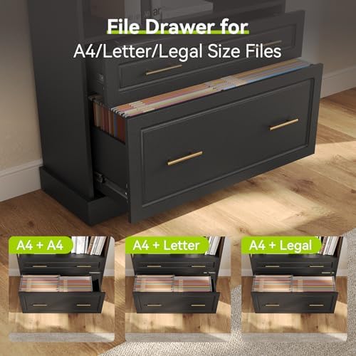LITTLE TREE 72" Tall Black Bookcase with 2 Drawers, 5-Tier Bookshelf wit...