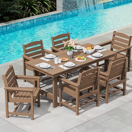 SERWALL 7 Pcs Outdoor Dining Set, 67" HDPE Dining Set for 6, Brown