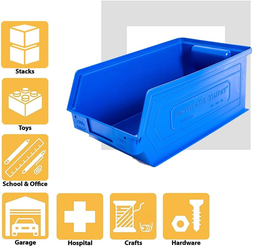 6-Pack Storage Bins, Wall Mount, Stackable & Freestanding, 12”x 8” x 6” Plastic Organizers, Utility Containers for Garage, Home, Workshop, Blue