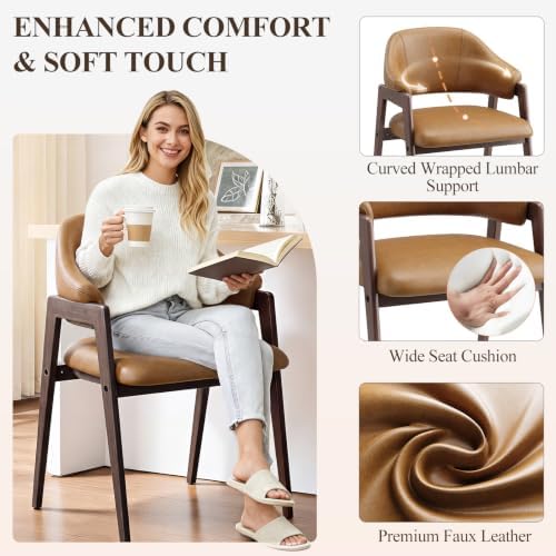MALOL Wooden Dining Chairs Set of 4, Faux Leather, Curved Open Back, Brown