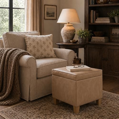 HomePop Square Tufted Storage Ottoman - Sand Faux Leather