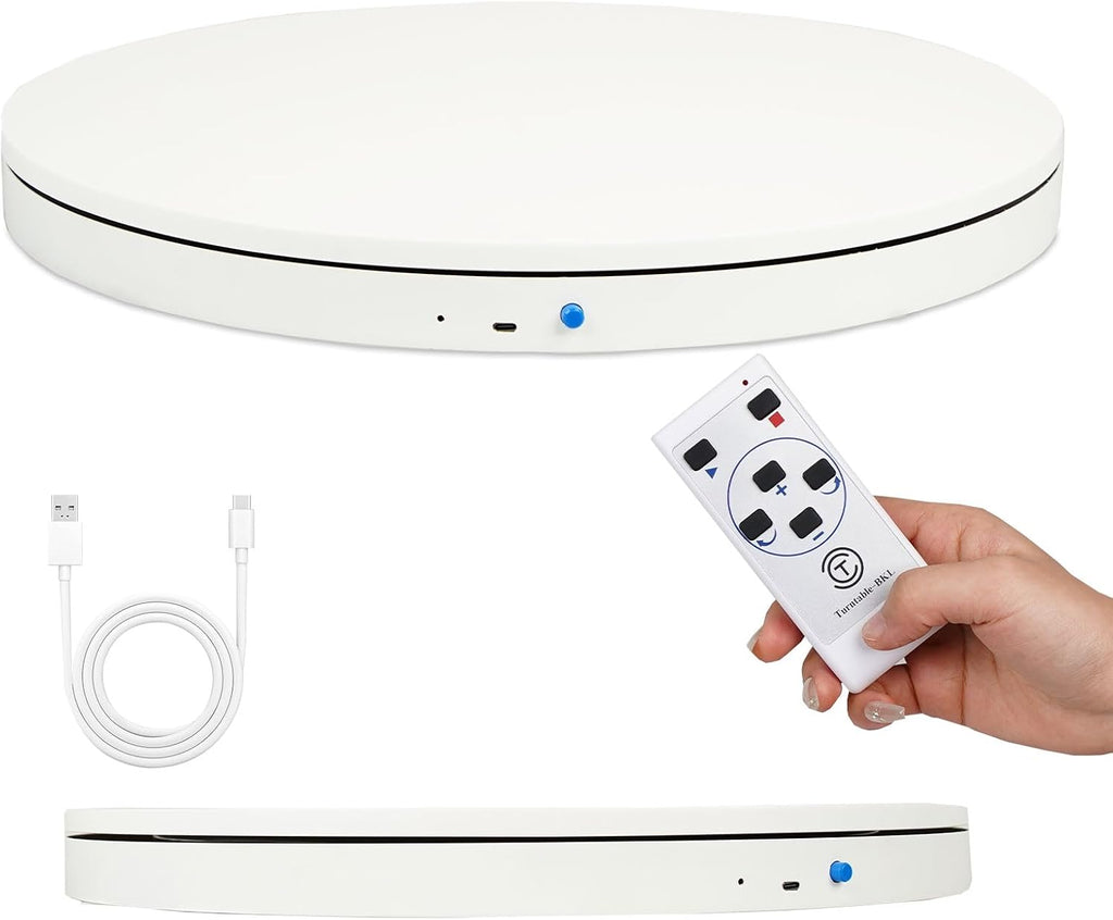 YVV White 11.8in Rotating Display Stand with Remote, USB Powered Adjustable Speed 360 Rotating Turntable, Electric Turntable Display for Product Photography, Jewelry, Models, 66LB Load Capacity