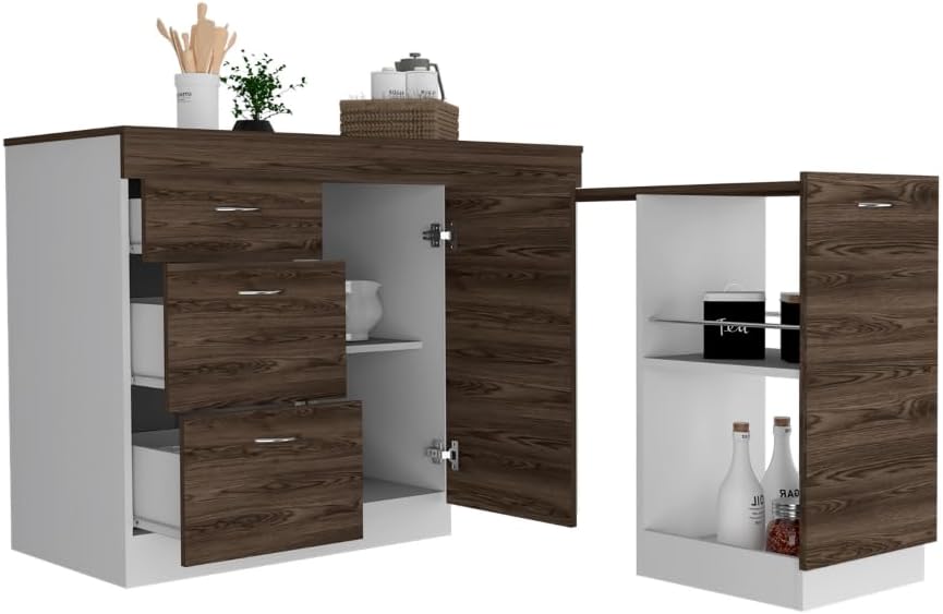 Grecia Kitchen Base Cabinet, 3 Drawers, 2 Shelves - White/Dark Walnut
