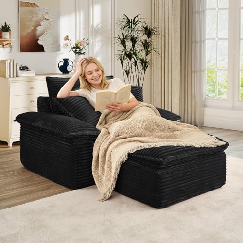 Oversized Chaise Lounge Chair Indoor with Ottoman, Upholstered Corduroy Moder...