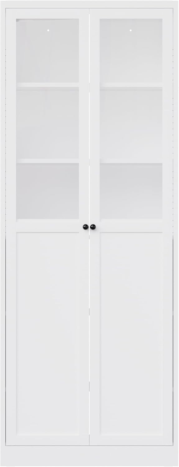 72" White Storage Cabinet Metal Kitchen Pantry Cabinet with Glass Doors ...