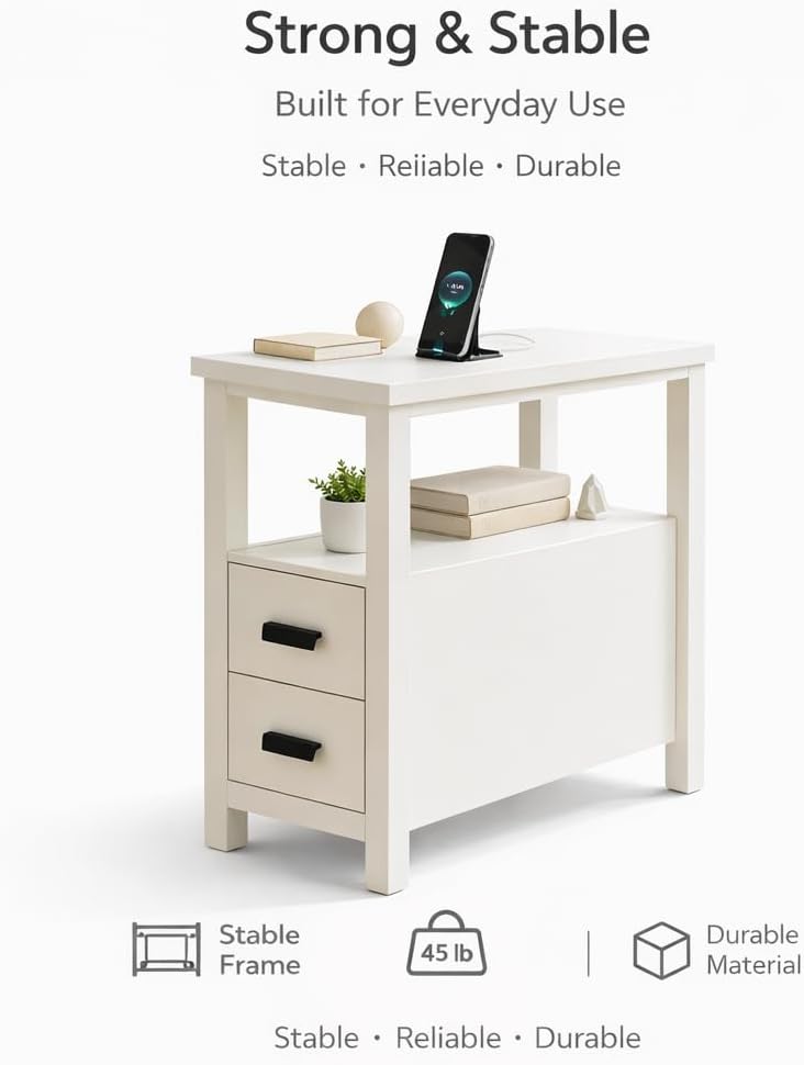 End Table with Charging Station, Nightstand with USB Ports & Outlets, Woo...