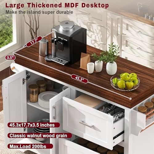 53" Large Kitchen Island with 3.5" Thick Desktop, Spice and Towel Racks, Rolling Kitchen Island with Storage on 5 Wheels, 2 Extra-Large Drawers, for Home, Kitchen, Dining Room, White