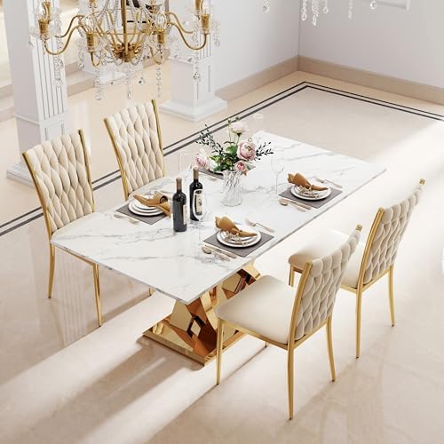 Modern Dining Chairs Set of 4, Beige Velvet Woven Kitchen Chair with Golden M...