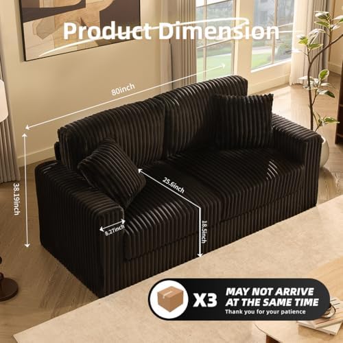 GOSUHI 80" Cloud Couch Loveseat, Deep Seats, Pocket Spring, Corduroy, Bl...