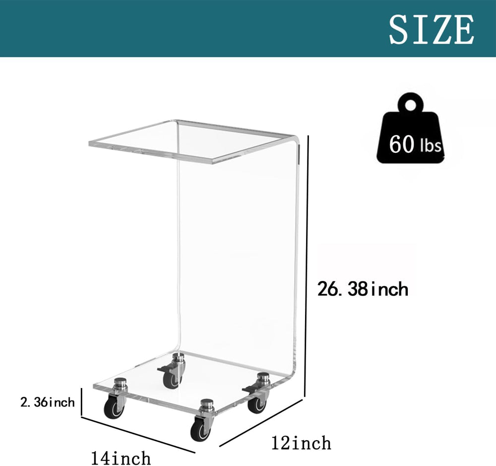 Acrylic Clear Movable End Table -26" h C-Shaped Modern Rolling Bedside/S...