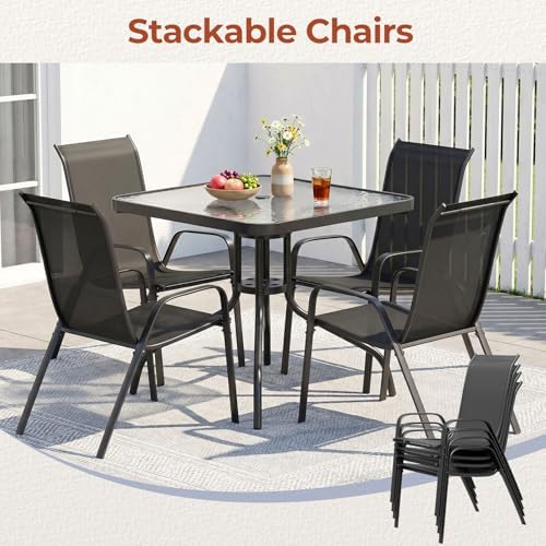 TLSUNNY 5 Pieces Patio Dining Set for 4, Glass Table and Textilene Chair