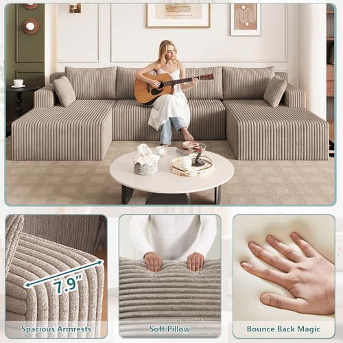 124" U-Shape Cloud Couch, Modern Modular Sectional U-Shape Sofa, Corduro...
