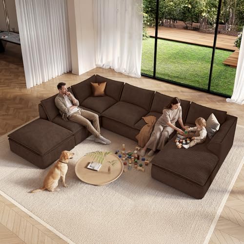 Vesgantti 7 Seater Sectional Couch, 141.7" Large Cloud Sofa, Brown | U S...