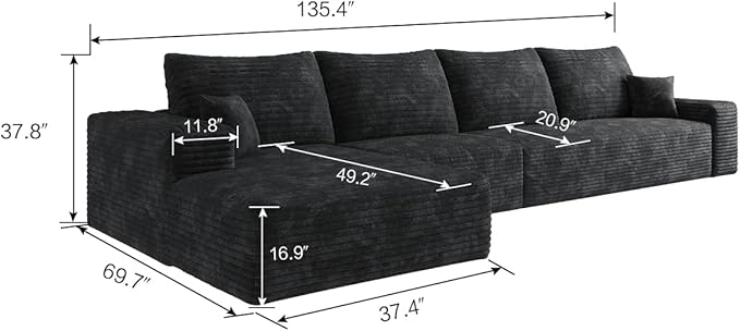 135" Oversized Compressed Sectional Sofa - 33D High-Density Foam Cloud Couch with Deep Seat - Minimalist 3-Piece Corduroy Upholstered Boneless Modular Lounge Couch | Breathable material, Full Foam, Anti-slip