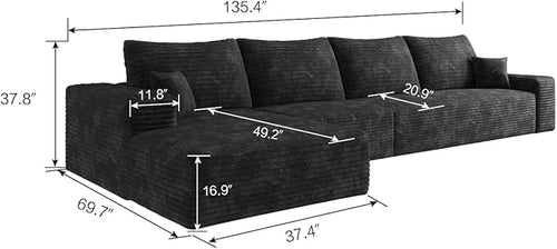 135" Oversized Compressed Sectional Sofa - 33D High-Density Foam Cloud Couch with Deep Seat - Minimalist 3-Piece Corduroy Upholstered Boneless Modular Lounge Couch | Breathable material, Full Foam, Anti-slip