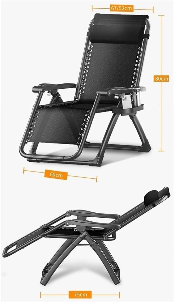 Gravity Lounge Chair Patio Adjustable Sun Lounger Garden Chairs Reclining Folding with Cup Holder and Pillow(Black+Cushion C)