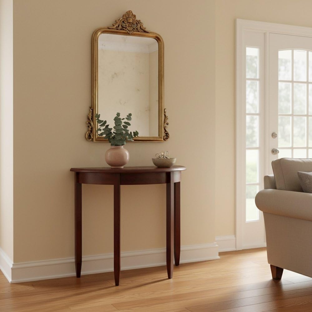 Furnifact Solid Wood Half Moon Table in Antique Walnut Finish, Elegant Small ...
