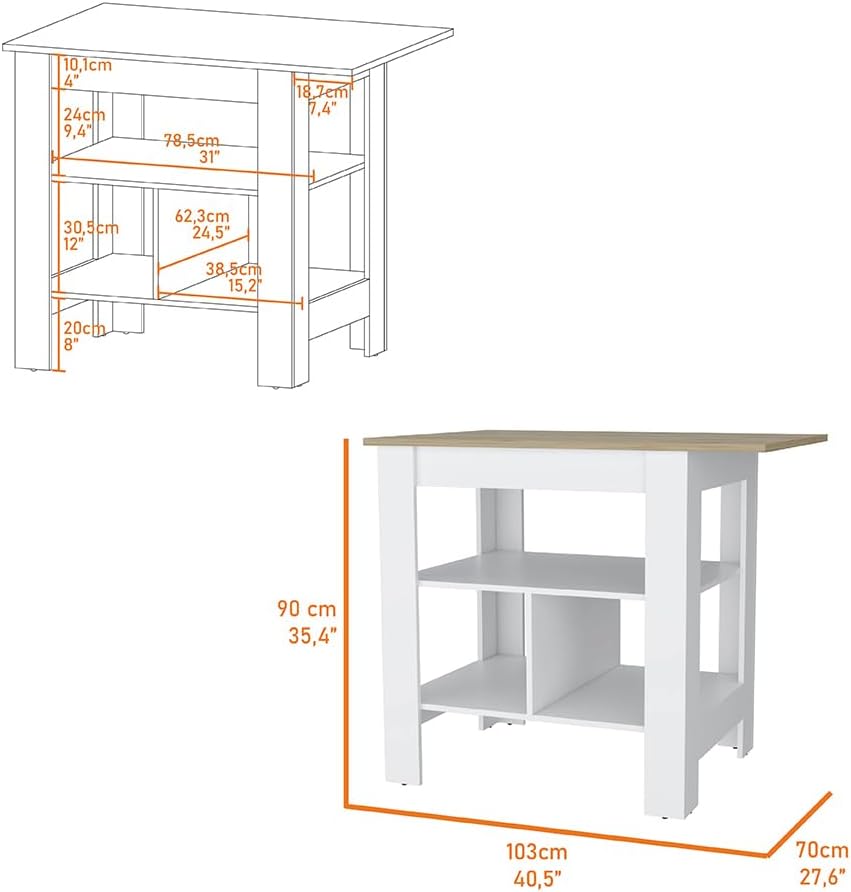 Kitchen Island Pompeya with Three Shelves White Finish | Three-shelf design w...
