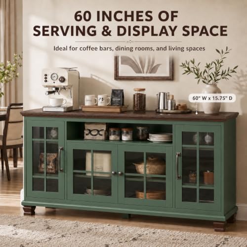 SAVOR LIFE 60-Inch Sideboard Buffet Cabinet with Glass Doors,Vintage Green