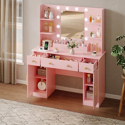 HUANLEGO Vanity Desk with Mirror and Lights, Makeup Vanity with Mirror and LE...
