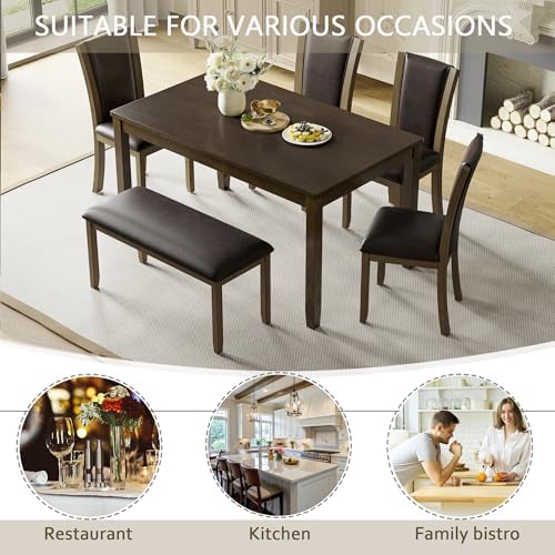 6-Piece Dining Table Set with Bench and Chairs - Solid Wood Kitchen Dining Ro...