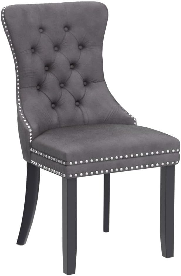 KCC Velvet Dining Chairs Set of 4, Upholstered High-end Tufted Dining Room Chair with Nailhead Back Ring Pull Trim Solid Wood Legs, Nikki Collection Modern Style for Kitchen, Grey