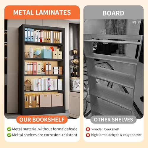Heavy Duty Metal Bookshelf, 71” Tall 5-Tier Bookcase, Thickened 300LB Capacit...