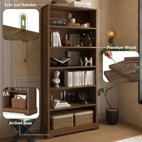 TVU 6 Tiers Wooden Bookshelf, 77.2" Tall Farmhouse Style Open Bookcase, ...