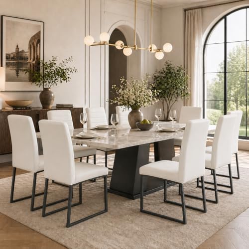Modern Dining Chairs Set of 4, White Faux Leather Kitchen Chairs, Upholstered Armless Dining Room Chair with Black Mental Legs Heavy Duty, Comfortable (White Chairs, Set of 4)
