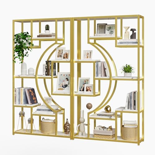 HolliWill Modern Book Shelf, White and Gold Bookshelf, 70.8 Inch Tall Etagere...