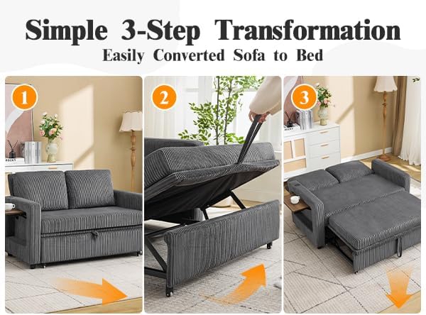 3 in 1 Convertible Sofa Bed, Pull Out Couch with Dual USB and Type C Ports, C...