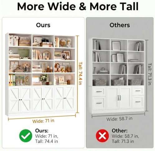 FACBOTALL 75" Tall Bookshelf, White Bookshelf and Bookcase with 6 Doors
