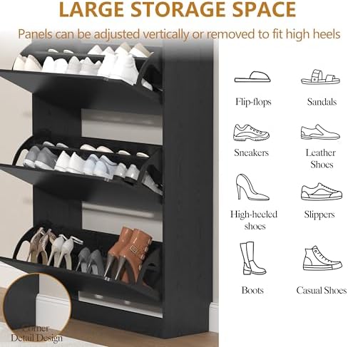 Narrow Shoe Cabinet for Entryway, Slim Shoe Storage Cabinet with 3 Flip Drawe...